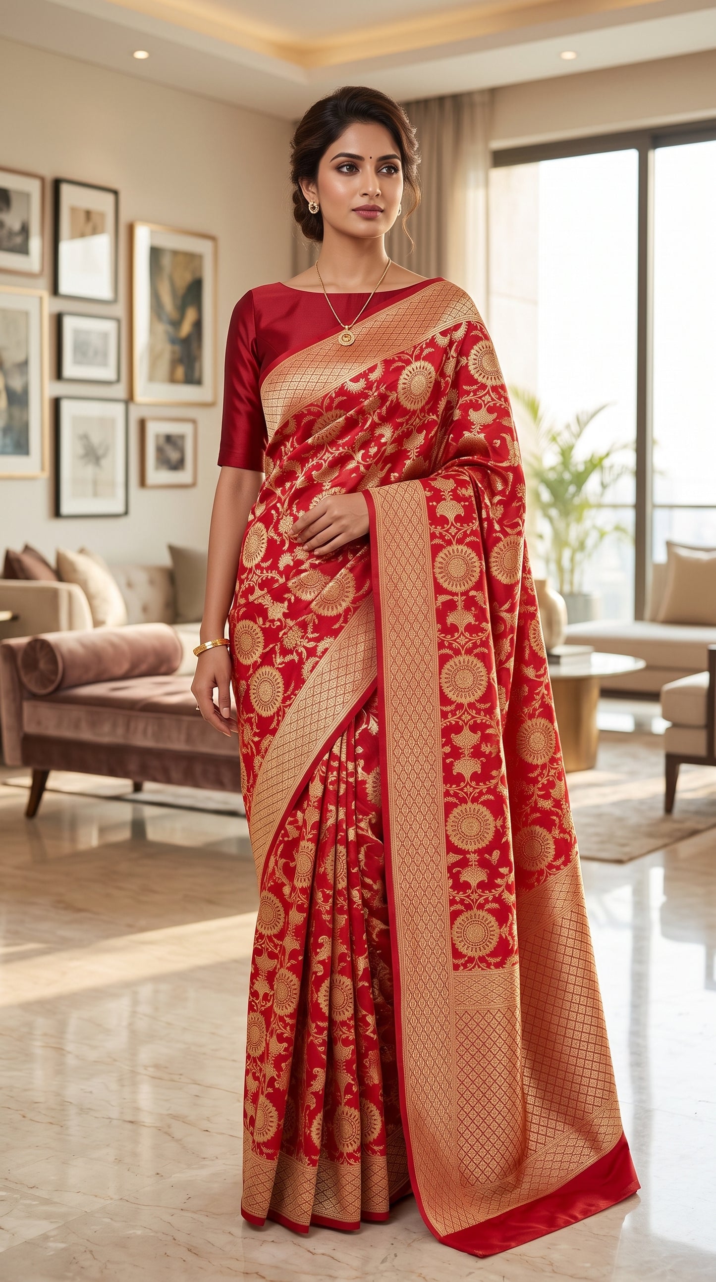 Royal Red Floral Jaal Katan Silk Banarasi Saree with Golden border 3
