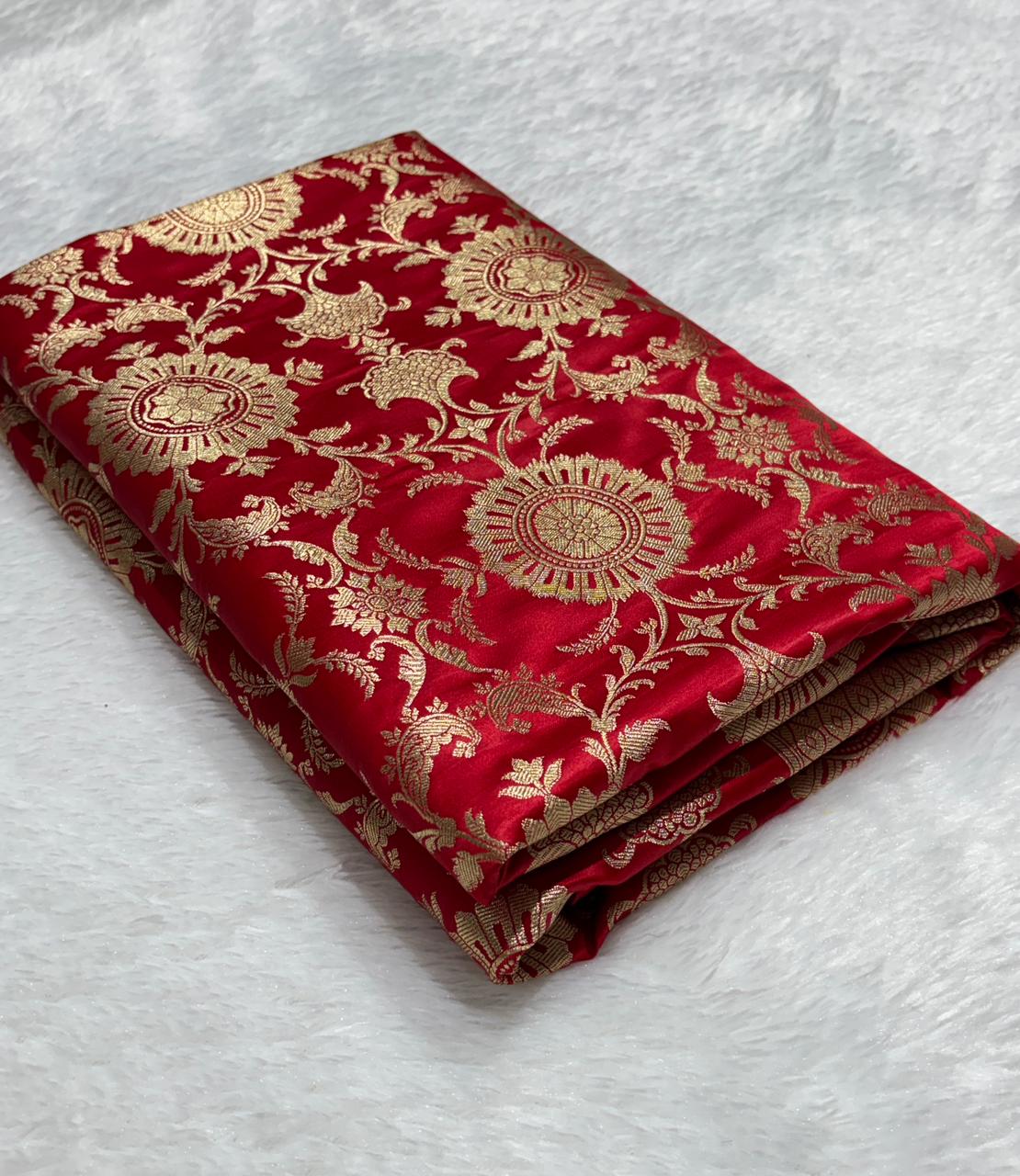 Royal Red Floral Jaal Katan Silk Banarasi Saree with Golden border 4
