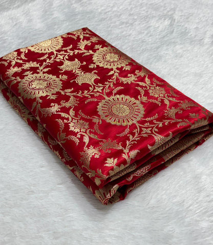 Royal Red Floral Jaal Katan Silk Banarasi Saree with Golden border 4