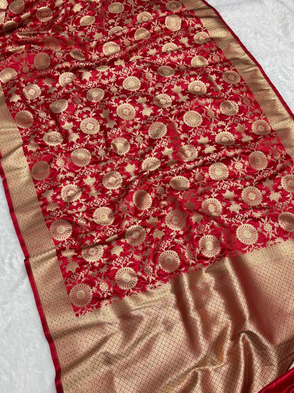 Royal Red Floral Jaal Katan Silk Banarasi Saree with Golden border 5
