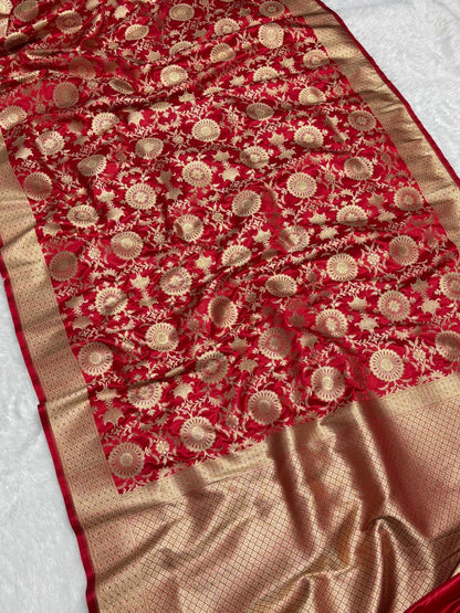 Royal Red Floral Jaal Katan Silk Banarasi Saree with Golden border 5
