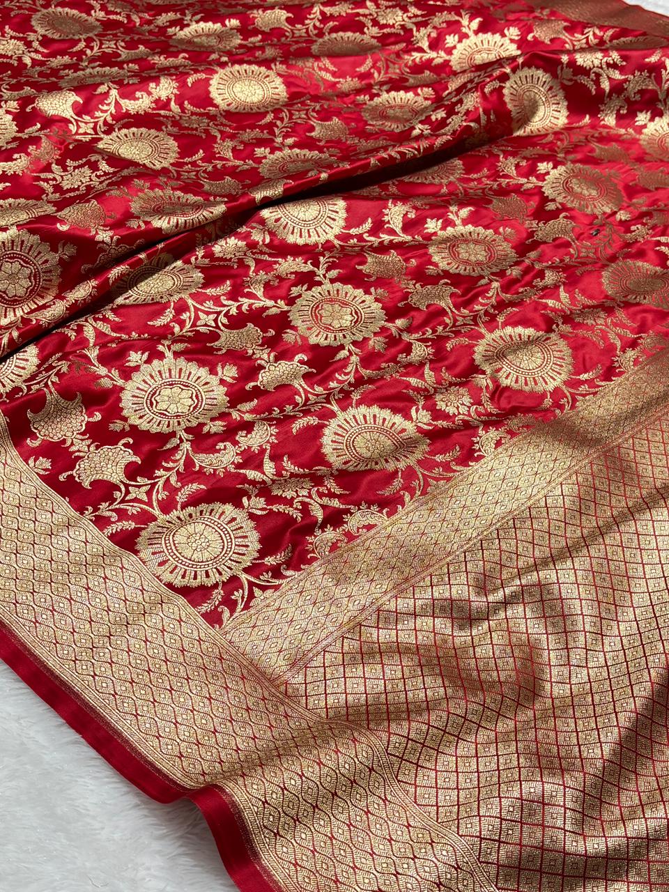 Royal Red Floral Jaal Katan Silk Banarasi Saree with Golden border 7