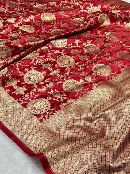 Royal Red Floral Jaal Katan Silk Banarasi Saree with Golden border 7