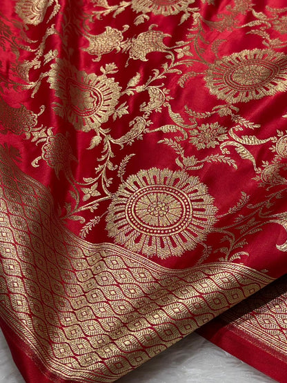 Royal Red Floral Jaal Katan Silk Banarasi Saree with Golden border 7