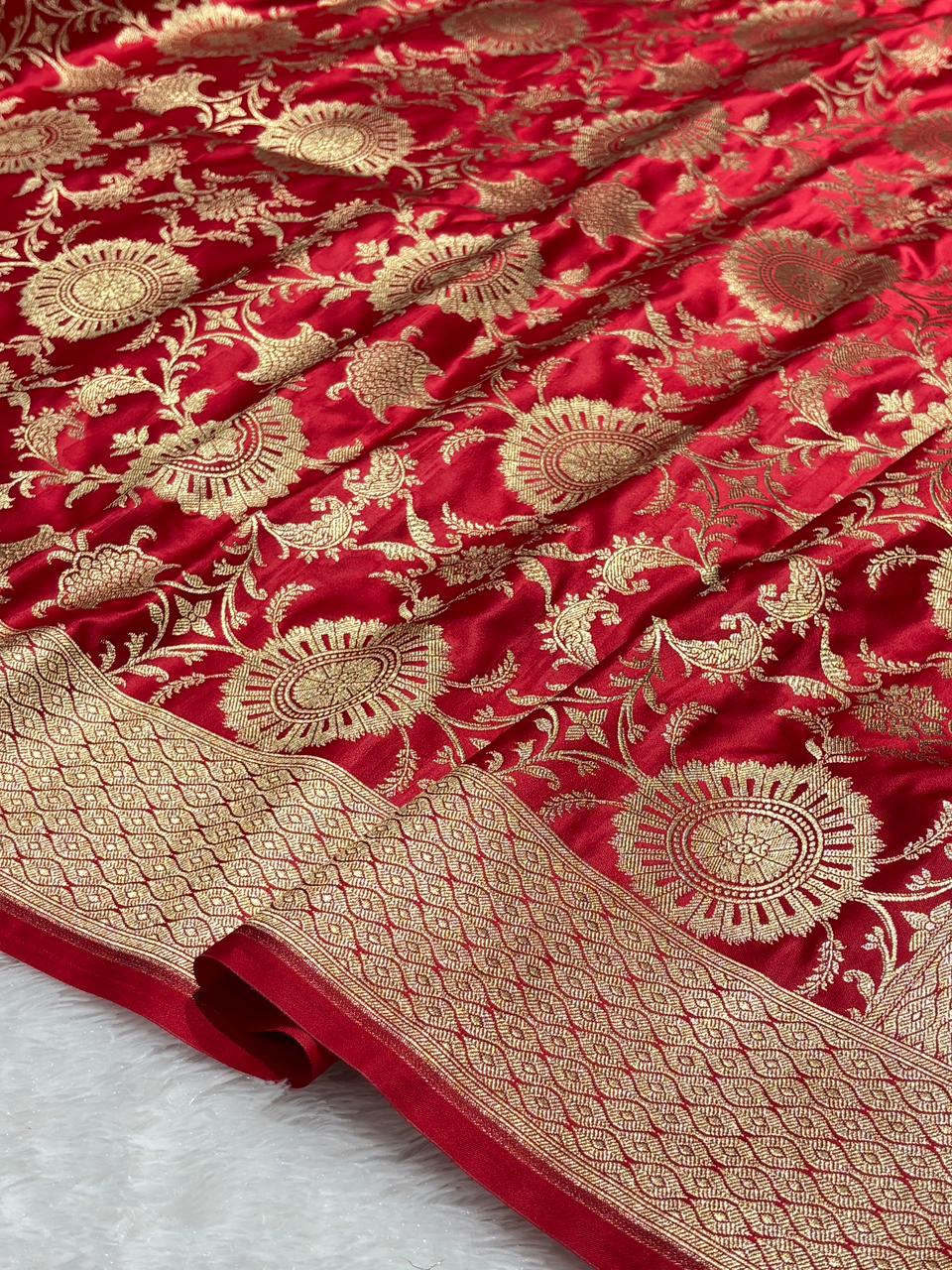 Royal Red Floral Jaal Katan Silk Banarasi Saree with Golden border 8
