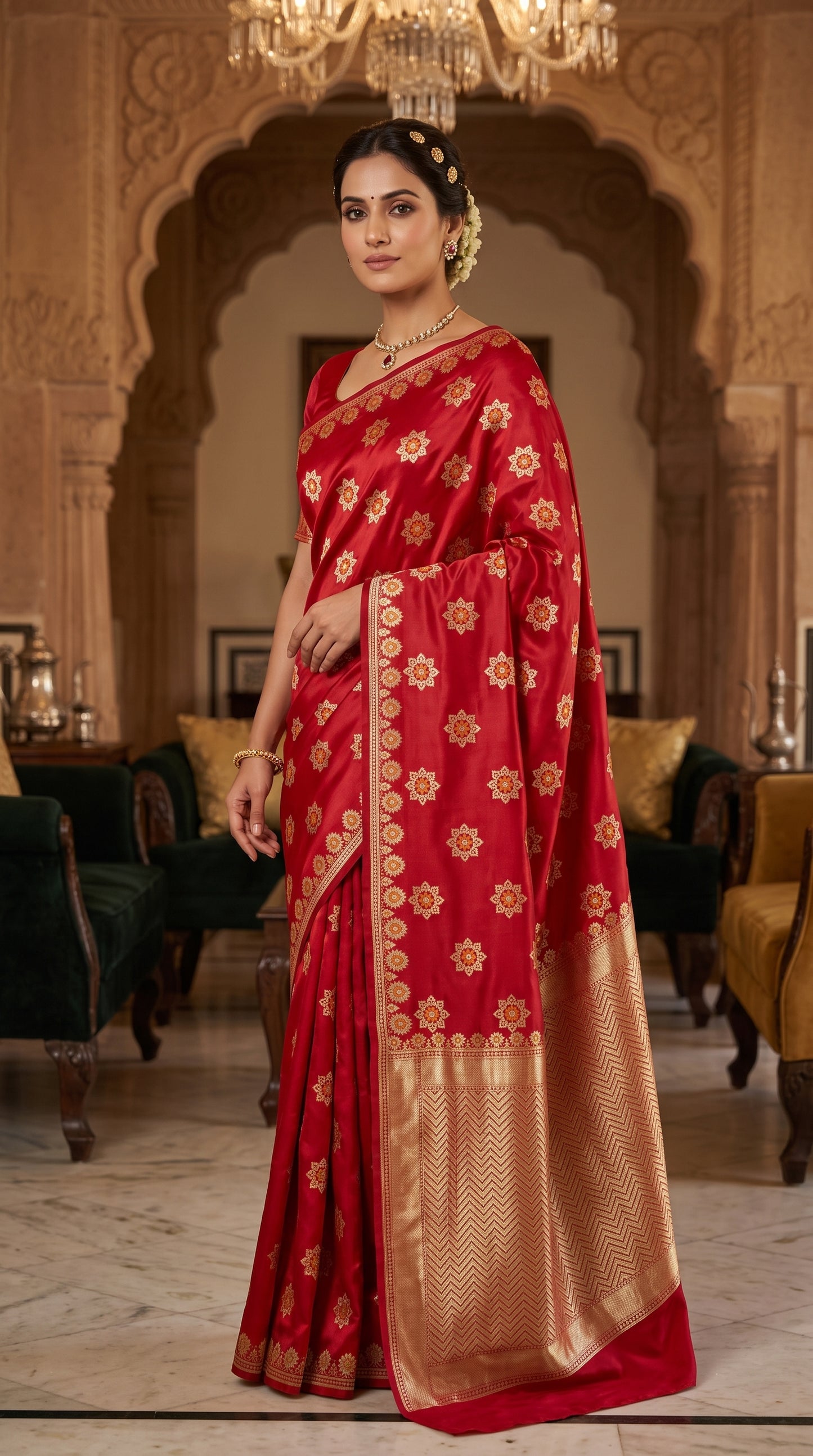 Royal Red Katan Banarasi Silk Saree with Floral Lotus Butti and Zari Border 1