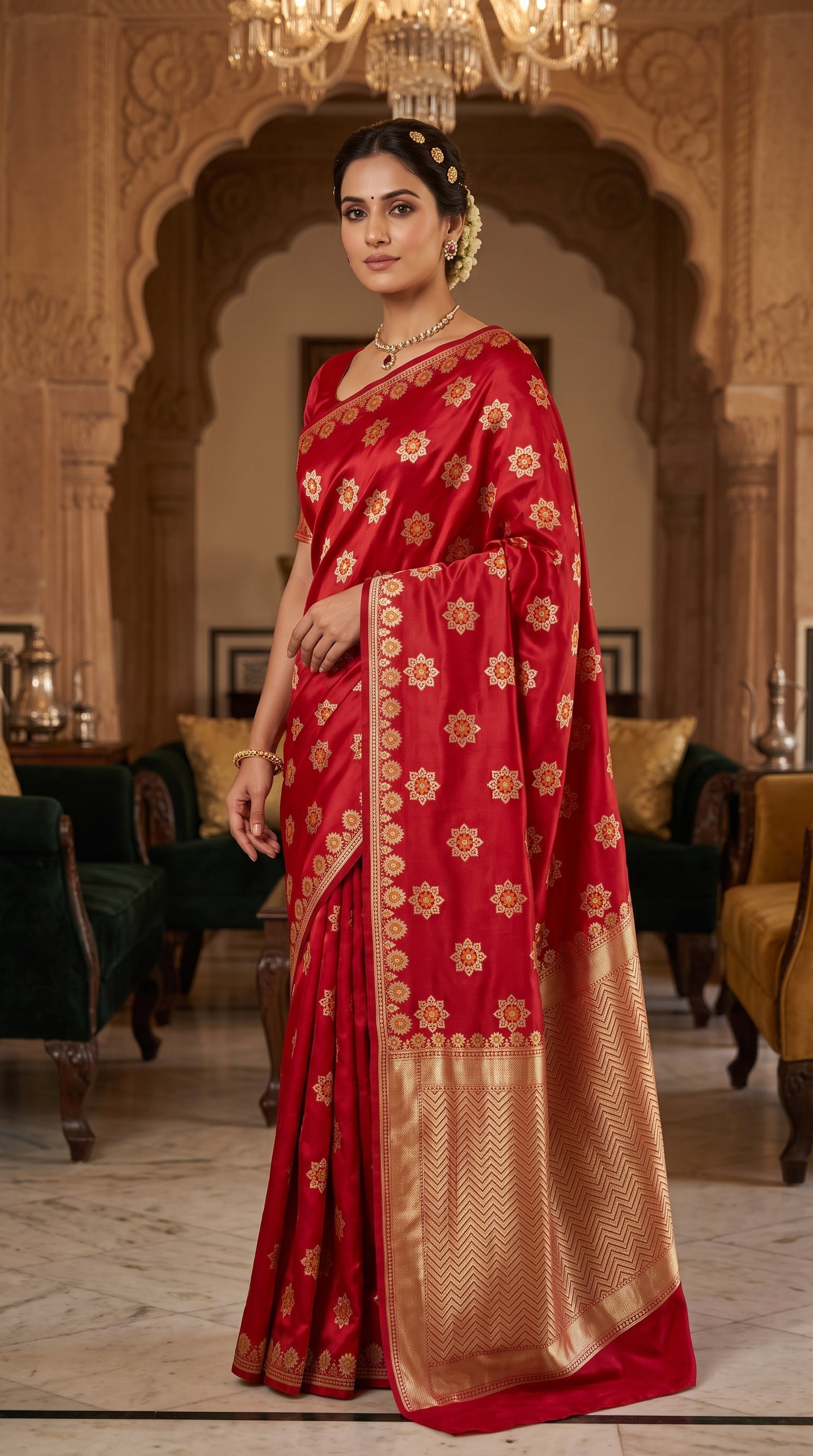 Royal Red Katan Banarasi Silk Saree with Floral Lotus Butti and Zari Border 1