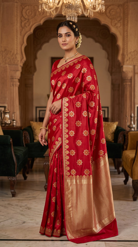 Royal Red Katan Banarasi Silk Saree with Floral Lotus Butti and Zari Border 1