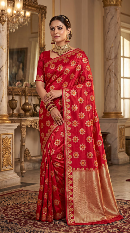 Royal Red Katan Banarasi Silk Saree with Floral Lotus Butti and Zari Border 2