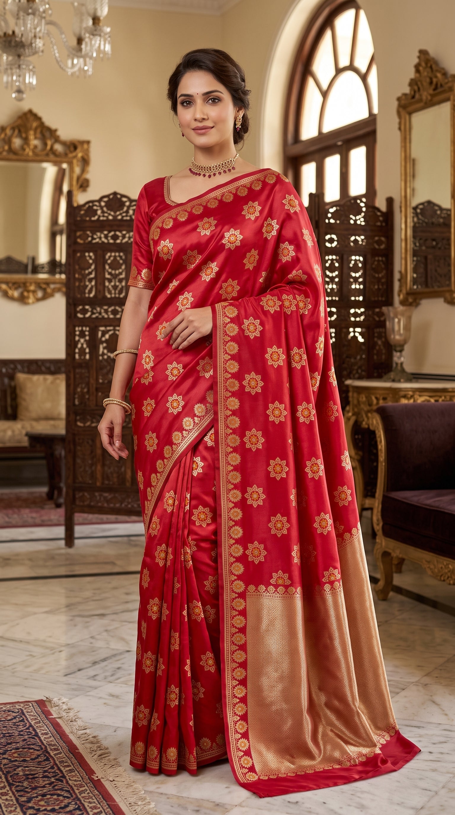 Royal Red Katan Banarasi Silk Saree with Floral Lotus Butti and Zari Border 3