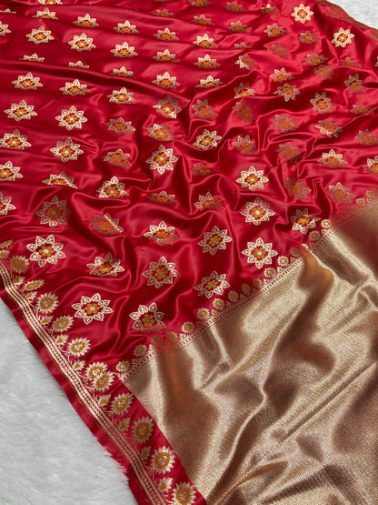 Royal Red Katan Banarasi Silk Saree with Floral Lotus Butti and Zari Border 4