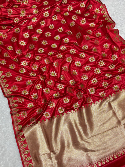 Royal Red Katan Banarasi Silk Saree with Floral Lotus Butti and Zari Border 5