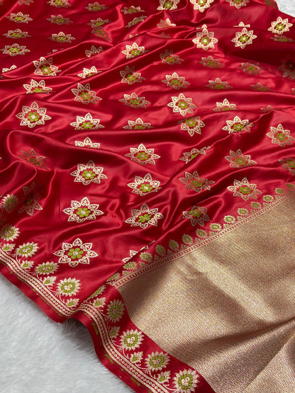 Royal Red Katan Banarasi Silk Saree with Floral Lotus Butti and Zari Border 7