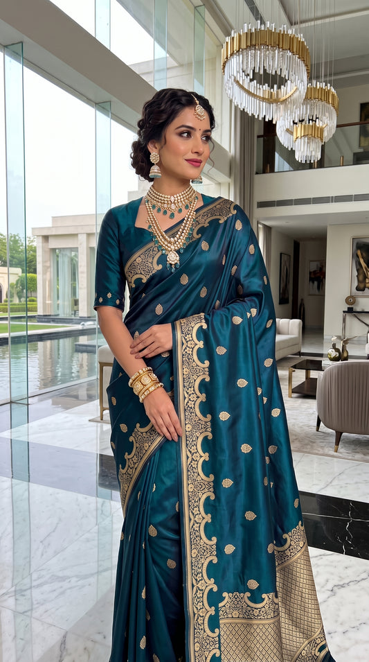 Royal Teal Blue Katan Silk Banarasi Saree with Floral Kangoora Zari Border 1