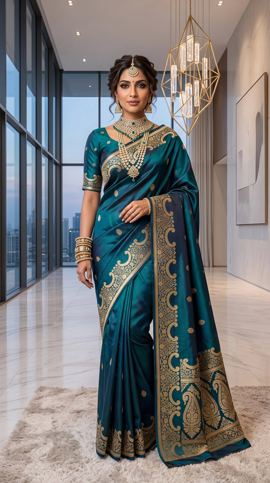 Royal Teal Blue Katan Silk Banarasi Saree with Floral Kangoora Zari Border 2