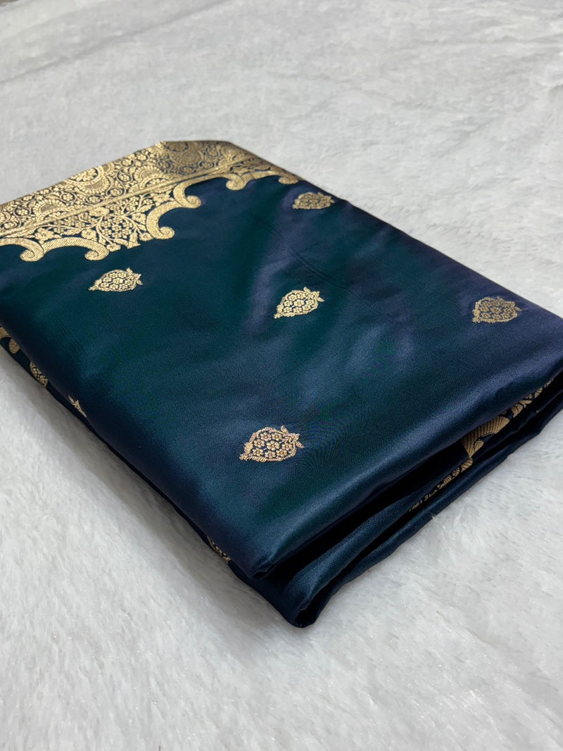 Royal Teal Blue Katan Silk Banarasi Saree with Floral Kangoora Zari Border 5