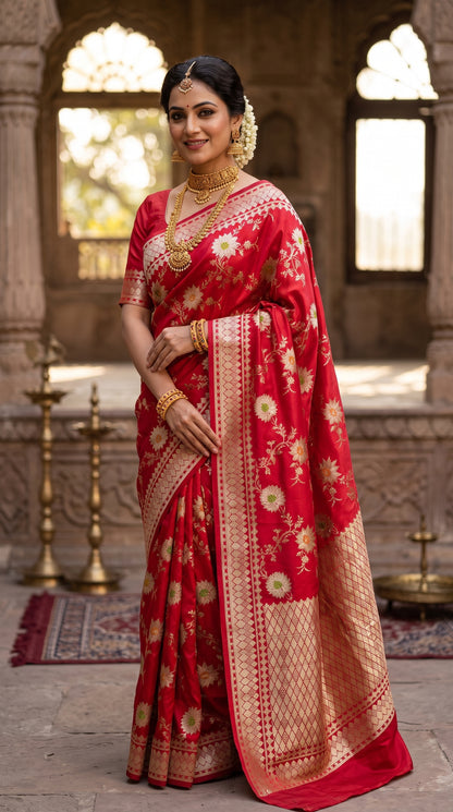 Ruby Red Sunflower and Daisy Jaal Saree with Golden Border 1