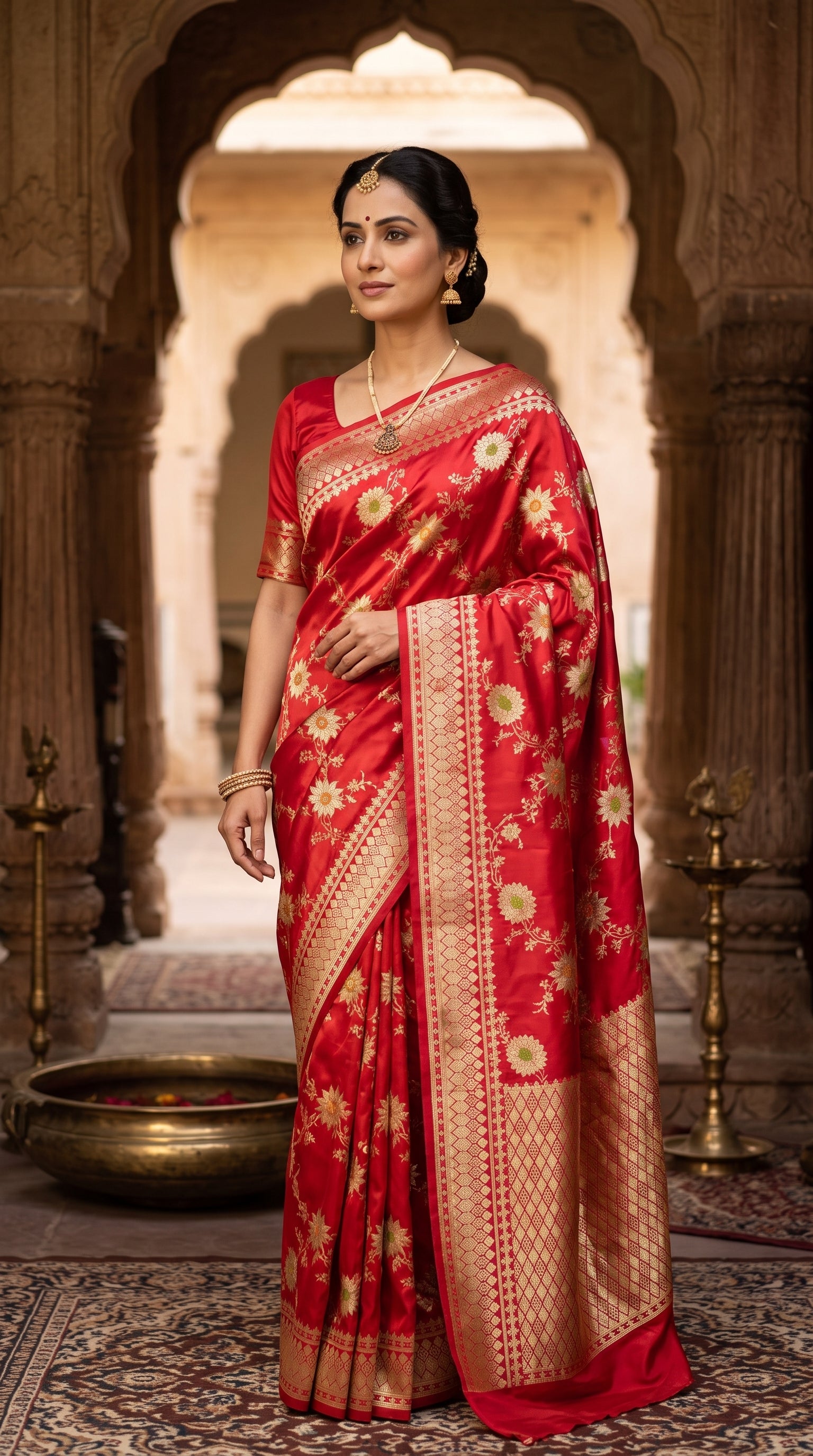 Ruby Red Sunflower and Daisy Jaal Saree with Golden Border 2