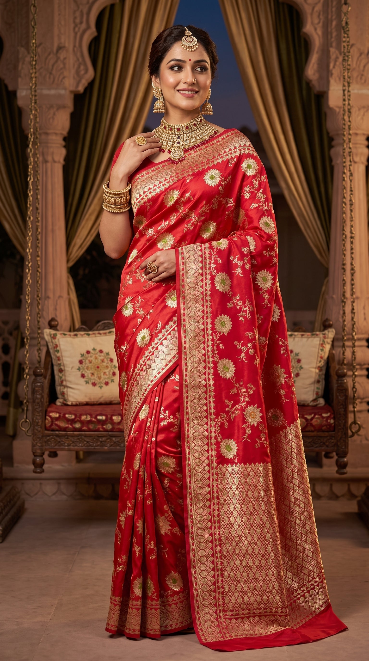 Ruby Red Sunflower and Daisy Jaal Saree with Golden Border 3