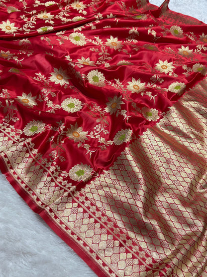 Ruby Red Sunflower and Daisy Jaal Saree with Golden Border 4