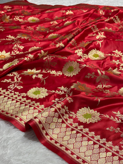 Ruby Red Sunflower and Daisy Jaal Saree with Golden Border 6