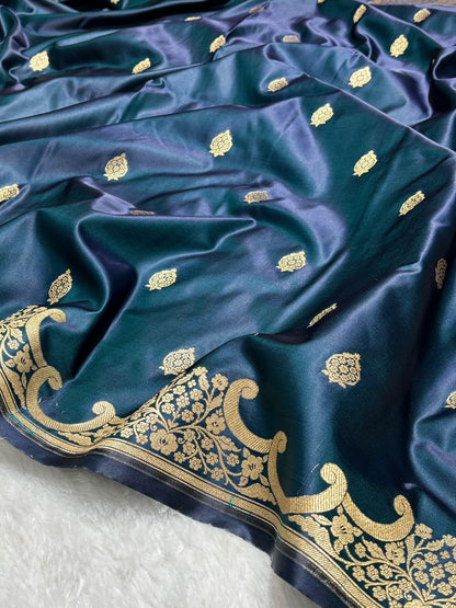 Royal Teal Blue Katan Silk Banarasi Saree with Floral Kangoora Zari Border
