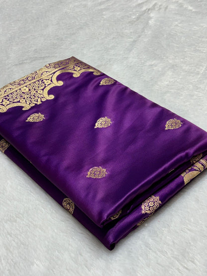 Royal Purple Katan Silk Banarasi Saree with Floral Kangoora Zari Border