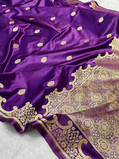 Royal Purple Katan Silk Banarasi Saree with Floral Kangoora Zari Border