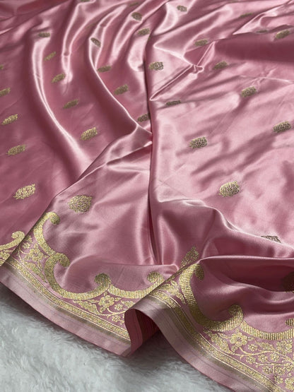 Baby Pink Katan Silk Banarasi Saree with Floral Kangoora Zari Border