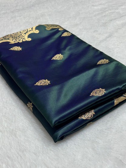 Peacock Green Katan Silk Banarasi Saree with Floral Kangoora Zari Border