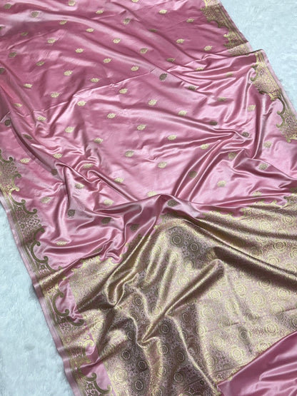 Baby Pink Katan Silk Banarasi Saree with Floral Kangoora Zari Border