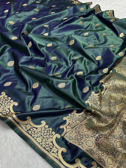 Peacock Green Katan Silk Banarasi Saree with Floral Kangoora Zari Border