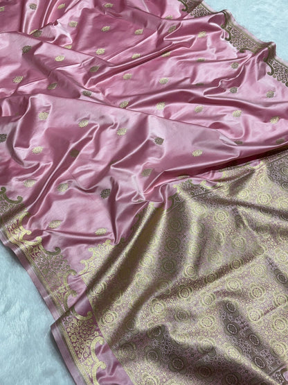 Baby Pink Katan Silk Banarasi Saree with Floral Kangoora Zari Border
