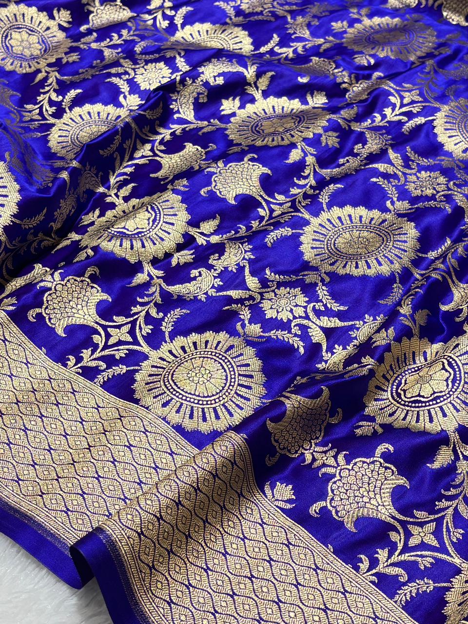 Royal Peacock Blue Floral Jaal Katan Banarasi Silk Saree with Golden Border