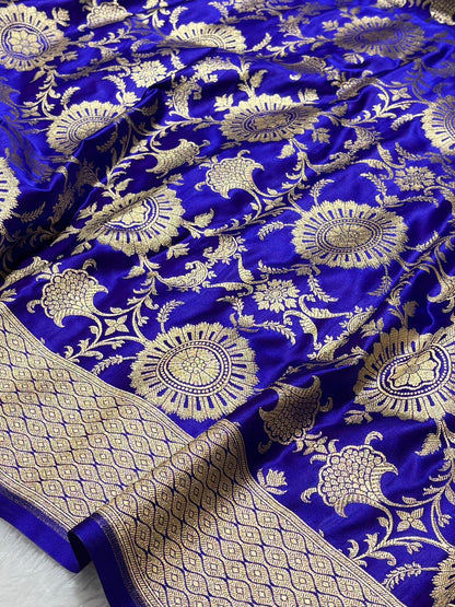 Royal Peacock Blue Floral Jaal Katan Banarasi Silk Saree with Golden Border