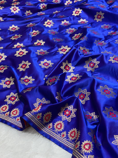 Royal Blue Floral Lotus Butti Design Banarasi Silk Saree