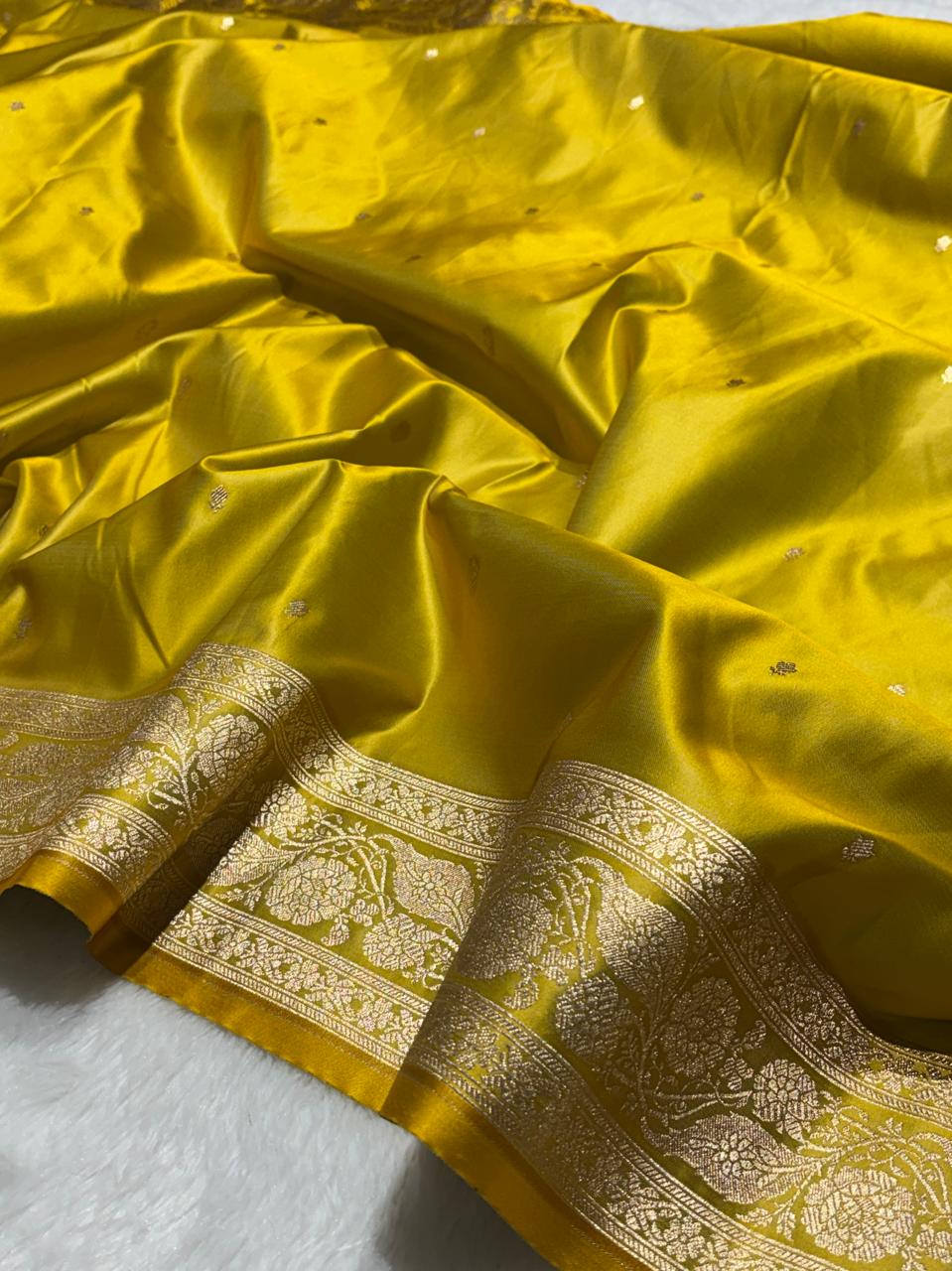 Kanak Yellow Katan Silk Chhoti Buti Saree with Gold Zari Weaving Border