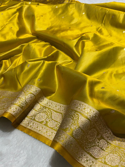 Kanak Yellow Katan Silk Chhoti Buti Saree with Gold Zari Weaving Border