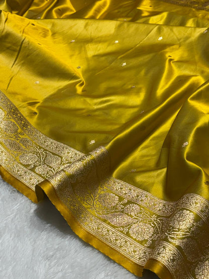 Kanak Yellow Katan Silk Chhoti Buti Saree with Gold Zari Weaving Border
