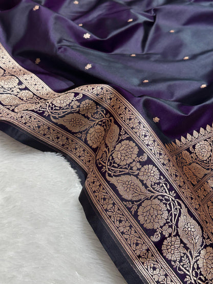Royal Purple Katan Silk Chhoti Buti Saree with Rich Gold Zari Weaving Border