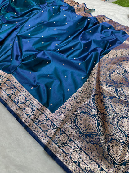 Peacock Blue Katan Silk Chhoti Buti Saree with Gold Zari Weaving Border