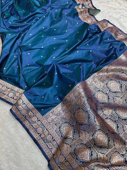 Peacock Blue Katan Silk Chhoti Buti Saree with Gold Zari Weaving Border
