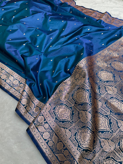 Peacock Blue Katan Silk Chhoti Buti Saree with Gold Zari Weaving Border