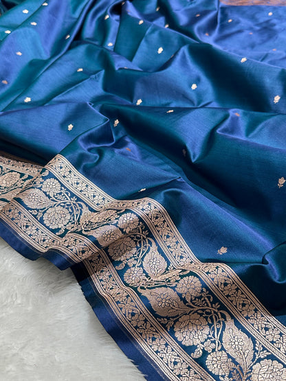 Peacock Blue Katan Silk Chhoti Buti Saree with Gold Zari Weaving Border