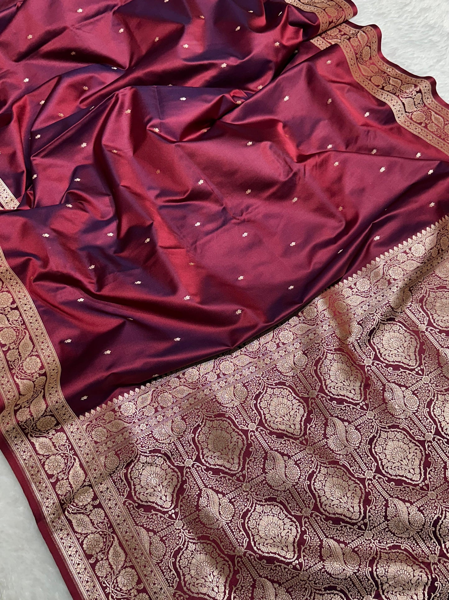Royal Wine Katan Silk chhoti buti Saree with Rich Gold Zari Weaving Border