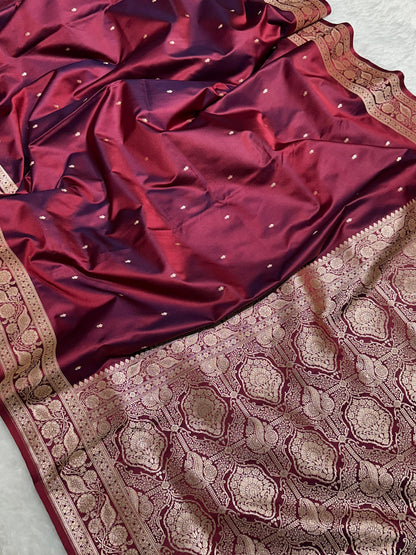 Royal Wine Katan Silk chhoti buti Saree with Rich Gold Zari Weaving Border