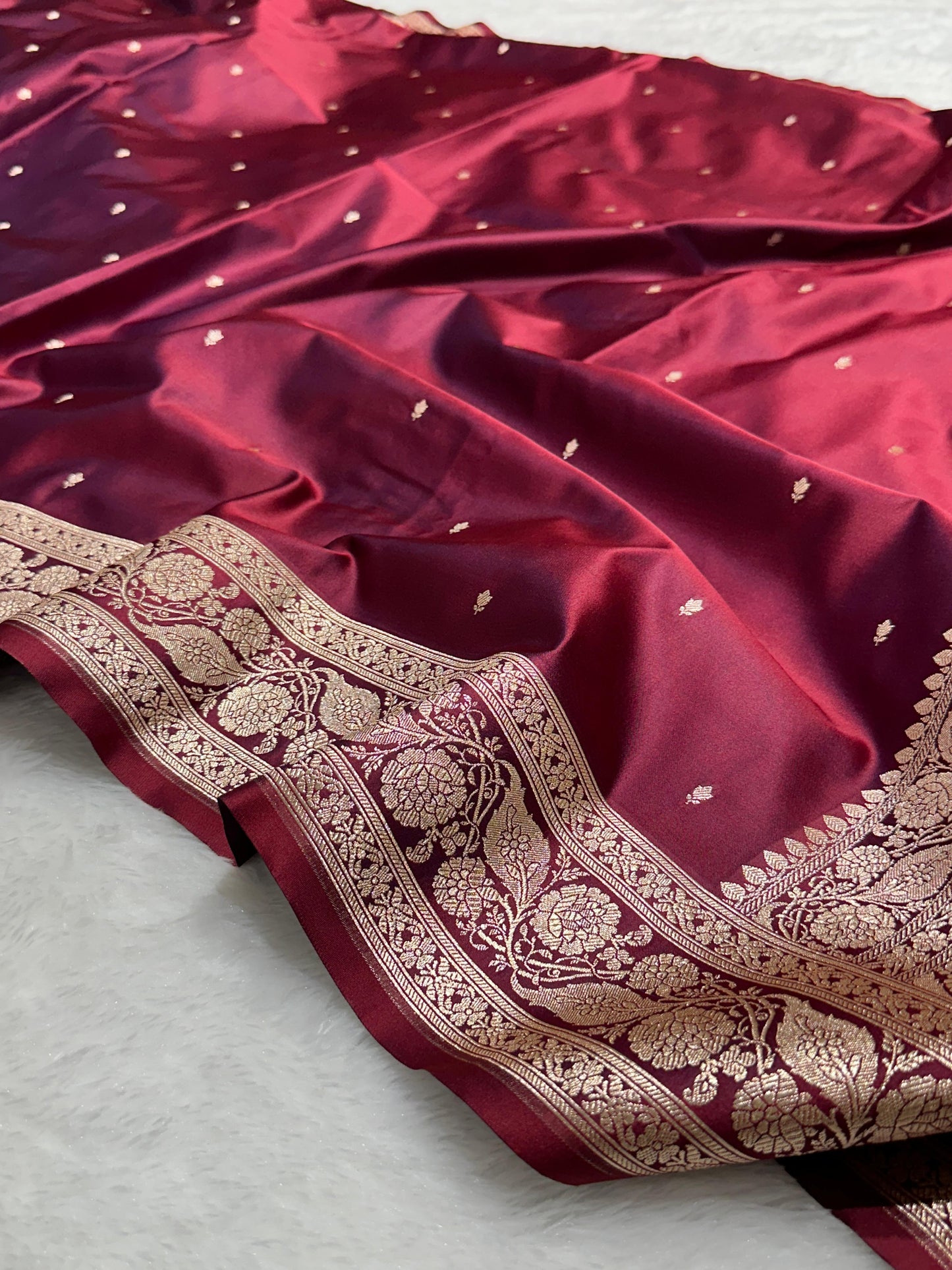 Royal Wine Katan Silk chhoti buti Saree with Rich Gold Zari Weaving Border
