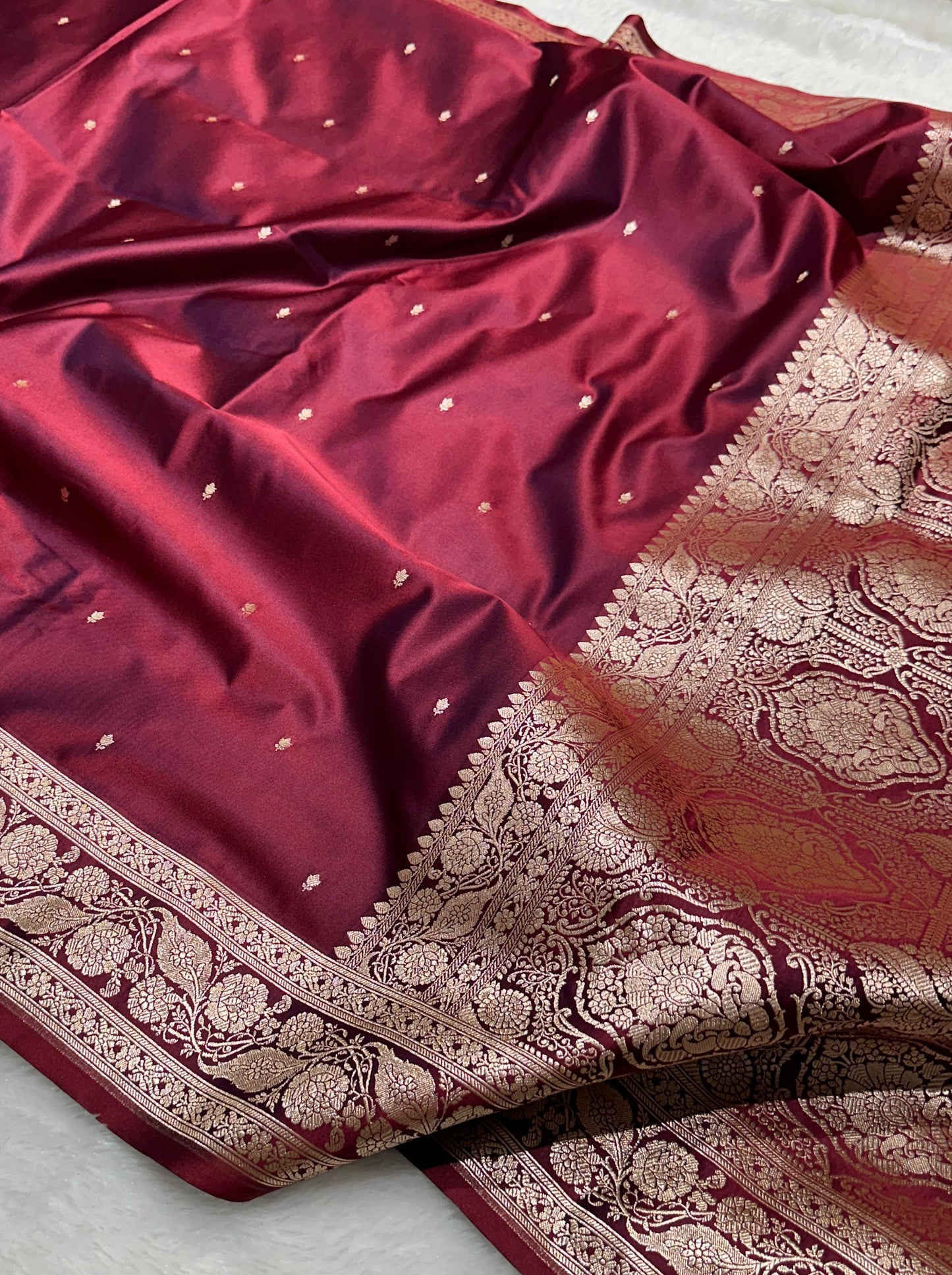 Royal Wine Katan Silk chhoti buti Saree with Rich Gold Zari Weaving Border