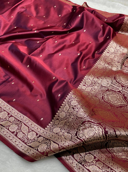 Royal Wine Katan Silk chhoti buti Saree with Rich Gold Zari Weaving Border