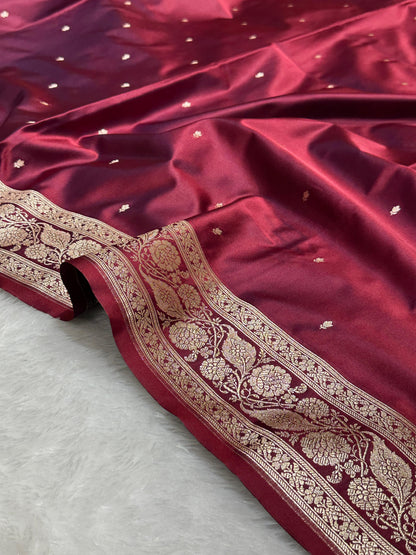 Royal Wine Katan Silk chhoti buti Saree with Rich Gold Zari Weaving Border